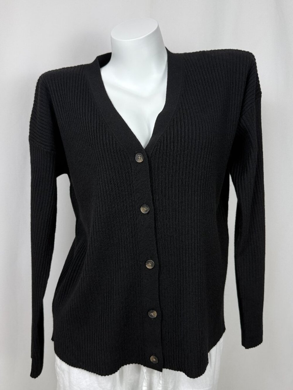 George Women V-Neck Ribbed Knit Cardigan Sweater Black M L NWT